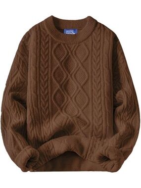 Women Coffee Crewneck Pullover Knit Long Sleeve Vintage Cable Oversized Sweater